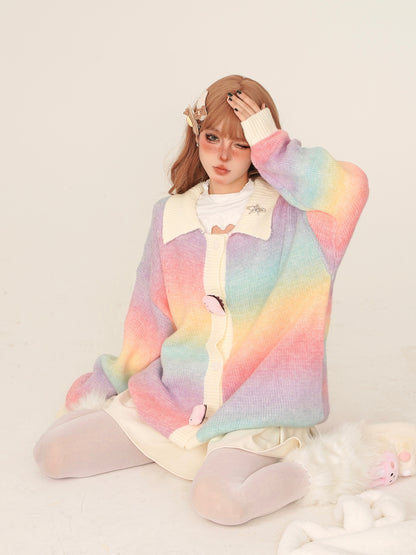 Young Eyes Spring Autumn Dinosaur Polo Neck Rainbow Cardigan Sweater