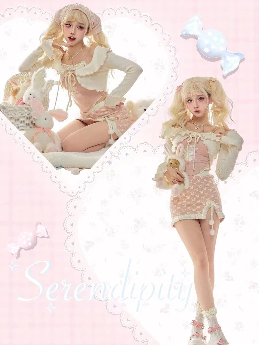 Serendipity Coquette Ruffled Cardigan & Pink Rabbit Print Camisole & Mini Skirt Three Piece Set