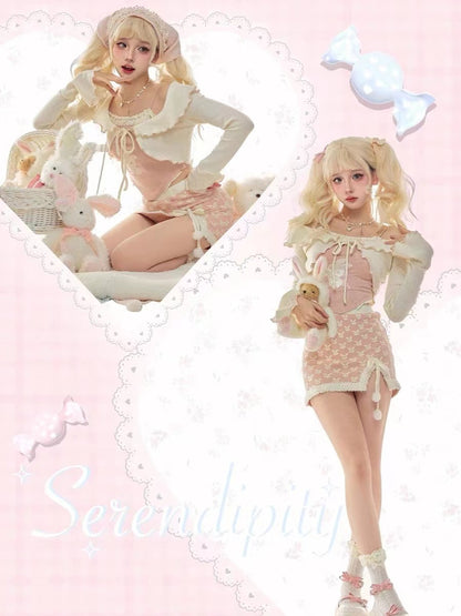 Serendipity Coquette Ruffled Cardigan & Pink Rabbit Print Camisole & Mini Skirt Three Piece Set