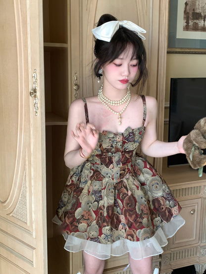 Picnic Girl Vintage Retro Teddy Bear Print Brown Strap Dress