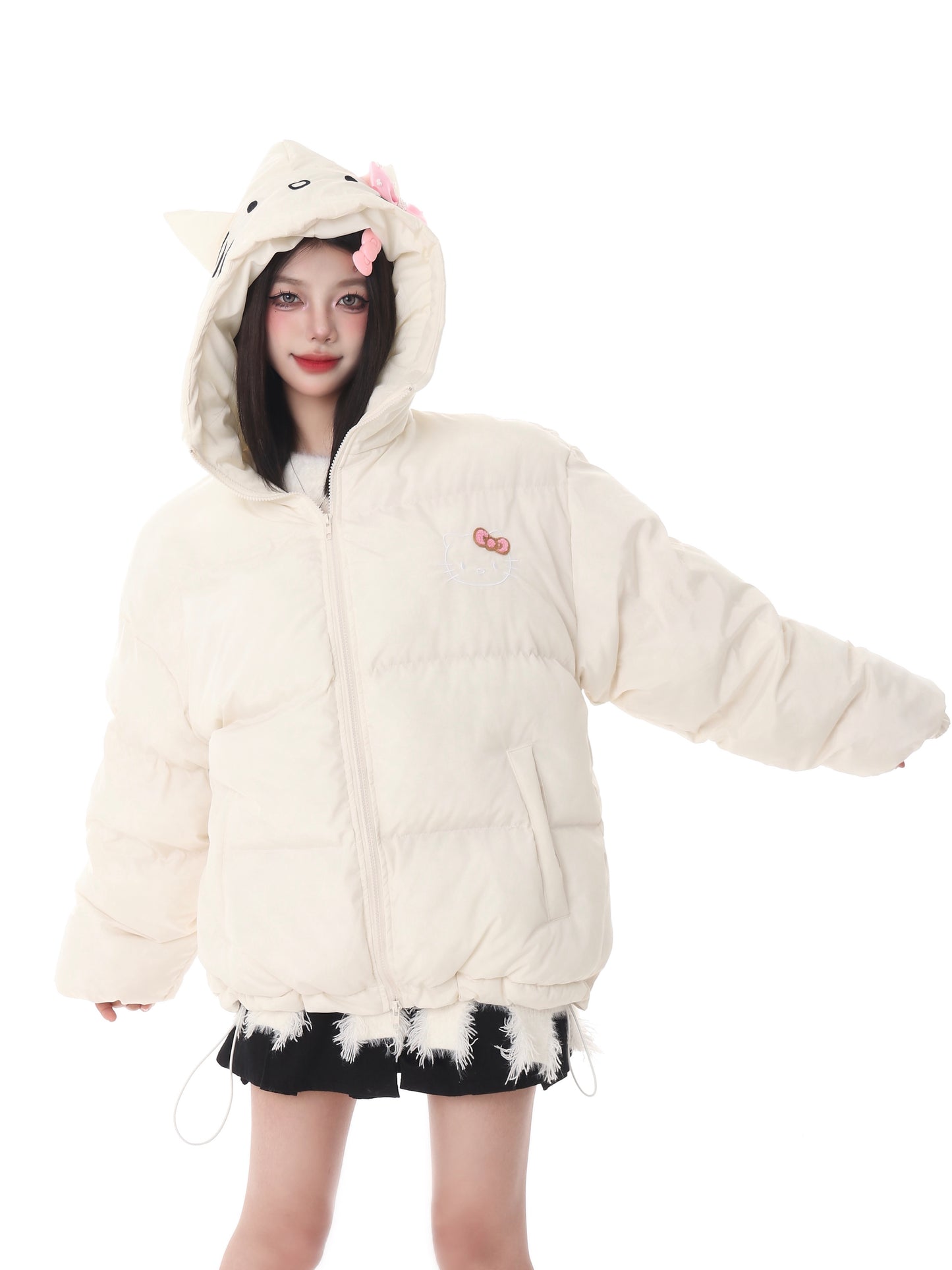 Pink White Blue Cartoon Kitty Cat Winter Thick Padded Puffer Jacket