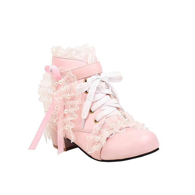 Princess Ribbon Lace Pink Black White Winter Zip Up Little High Heels Boots