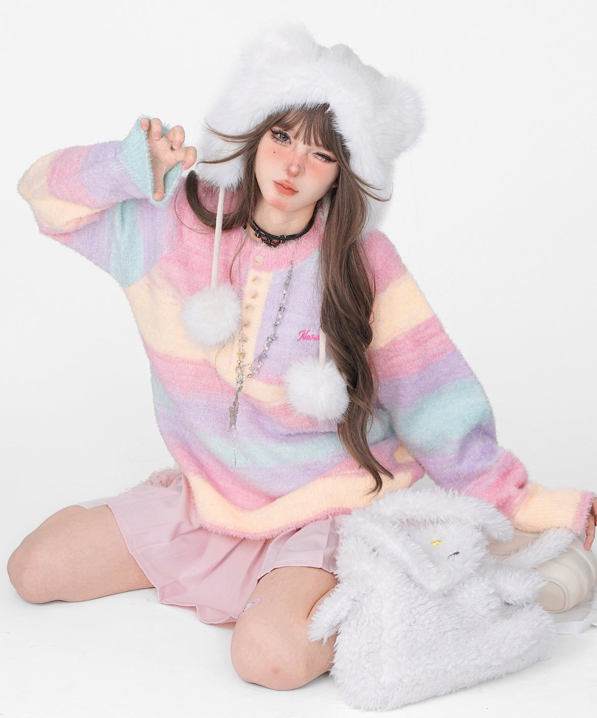 Young Eyes Autumn Winter Rainbow Soft Pastel Colorful Striped Round Neck Sweater