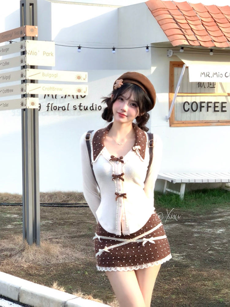 Creamy Sweet Caramel Pudding Cream Brown Top & Skirt Two Piece Set