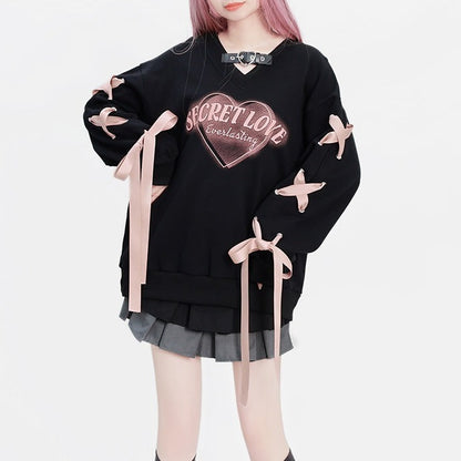 V-Neck Ribbon Secret Love Autumn Black Sweatshirt