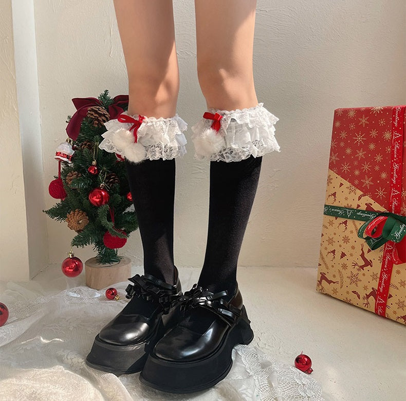 Noble Lolita Lace Pompom Balls White Black Red Christmas Mid Calf Socks