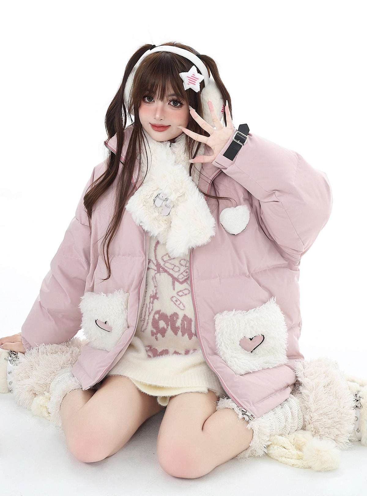 Crazy Girl Plush Collar Love Heart Winter Pink Black Puffer Jacket