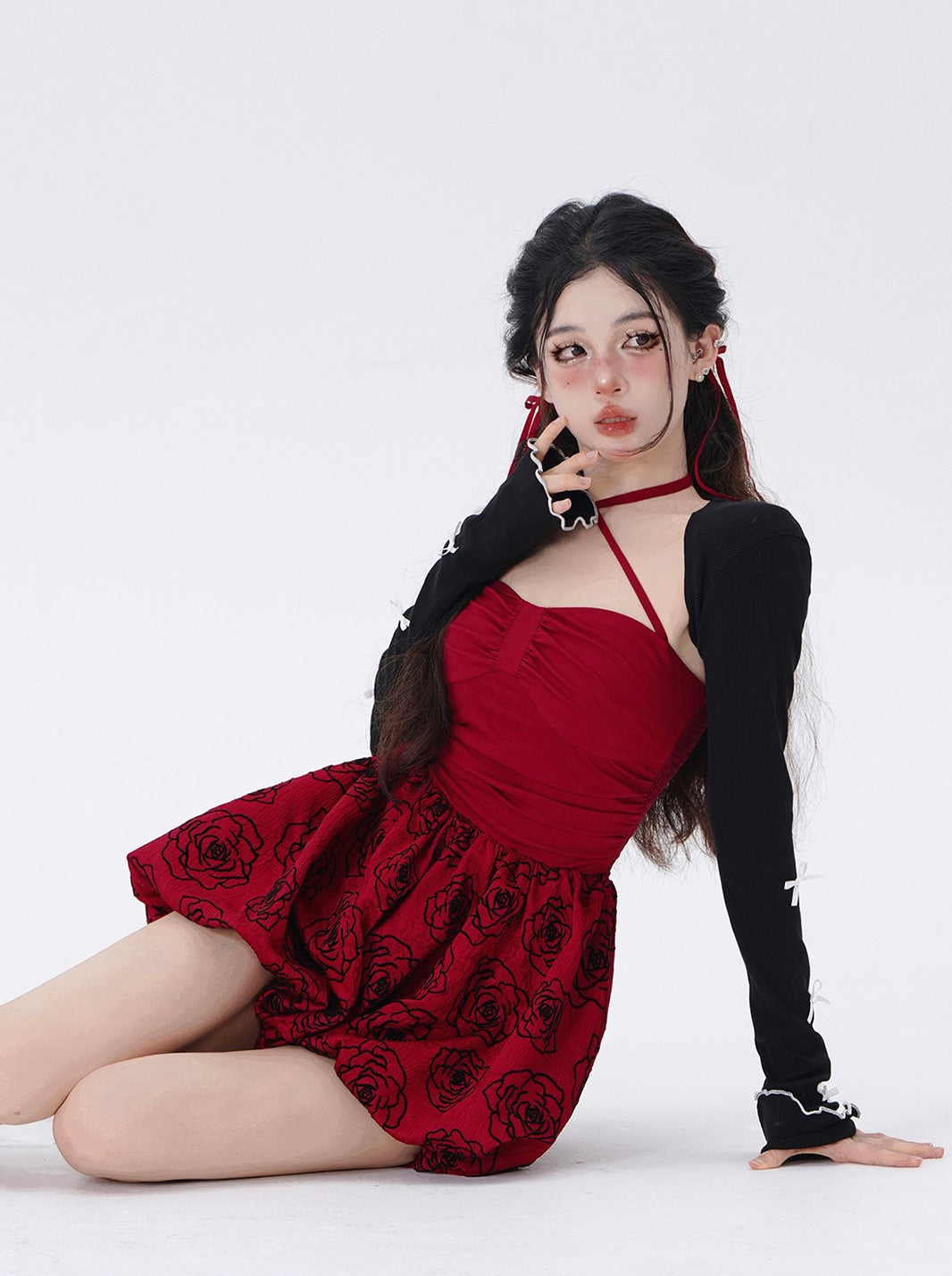 Young Eyes Crimson Red Rose Dress & Balletcore Black Bow Jacket Two Piece Set