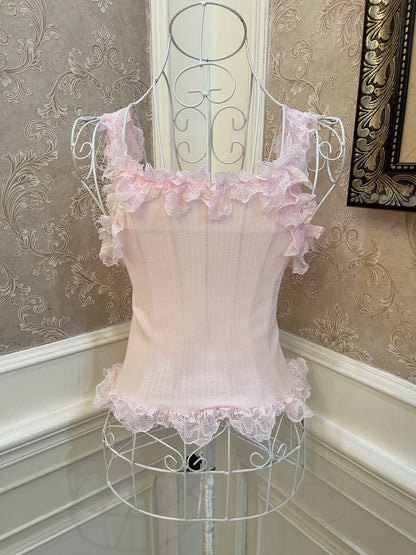 Sweetheart Princess Lace Soft Pink Blue Camisole Top