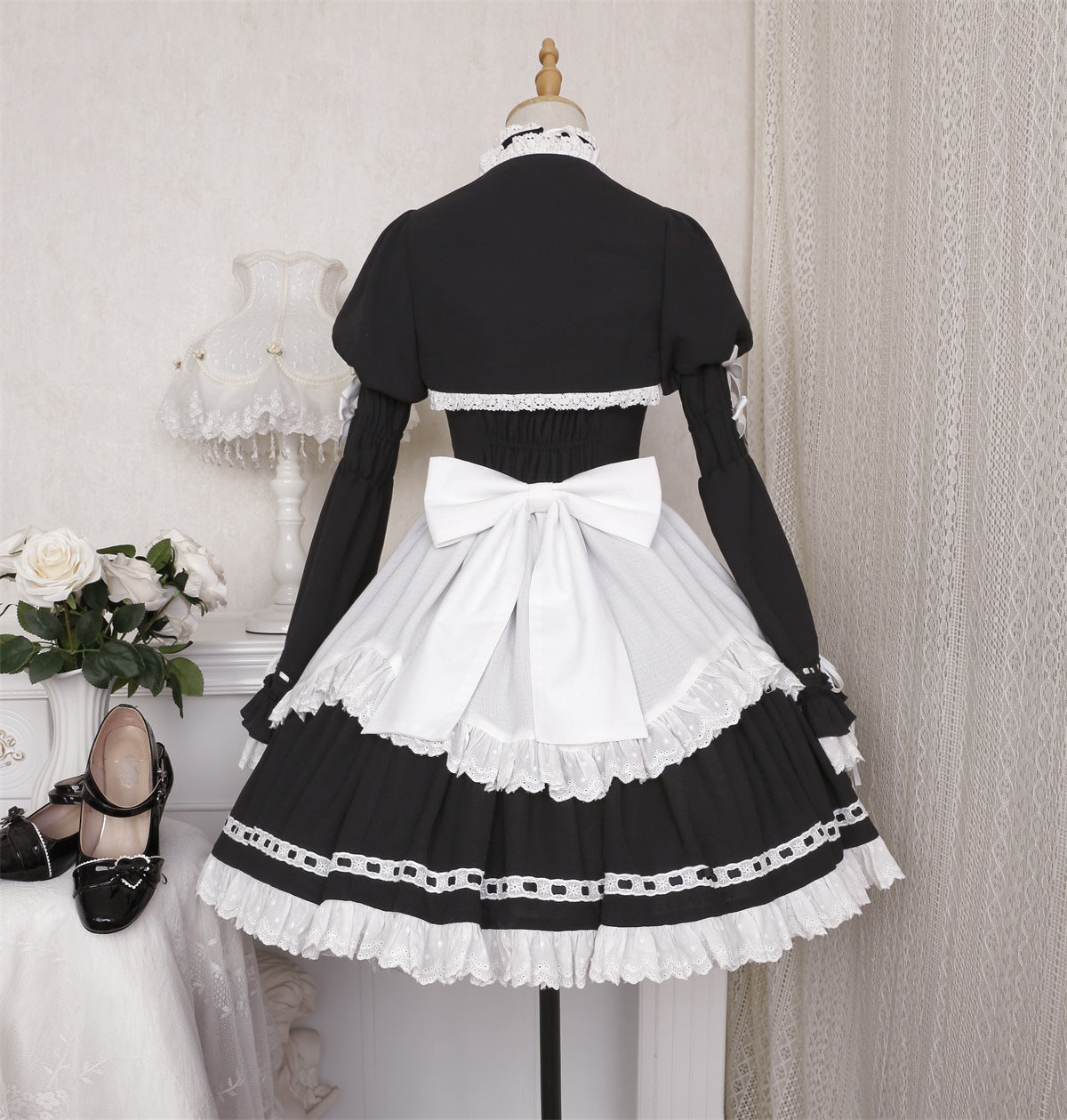 Gothic Dark Maid Cosplay EGL Black White Elegant Bow Dress & Jacket Two Piece Set