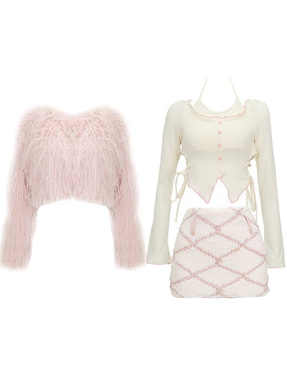 Serendipity Winter Paris Pink Fur Jacket & Beige Blouse Shirt & Plush Mini Skirt Three Piece Set