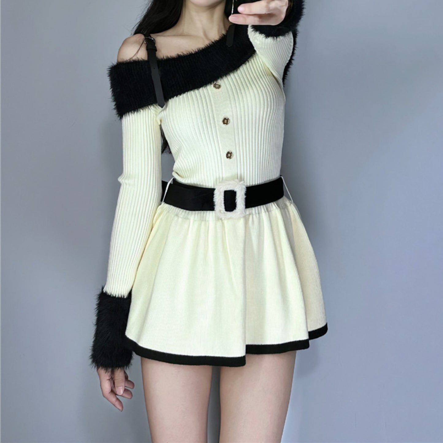 Off Shoulder Autumn Winter Luxury Chic Knit Black White Dress