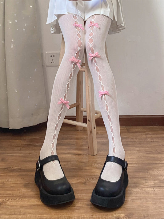 Lolita Bow Lace Hollow White Pink Red Purple Black Tights Stockings