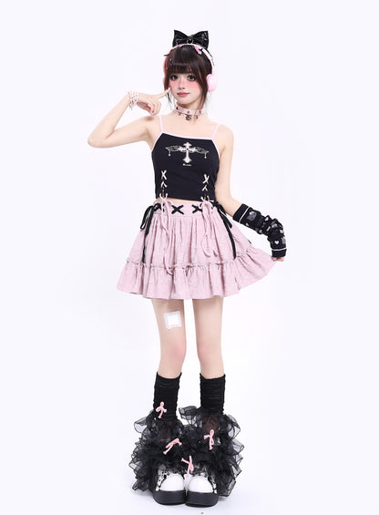 Crazy Girl Balletcore Bow Pink Black Cake Short Skirt