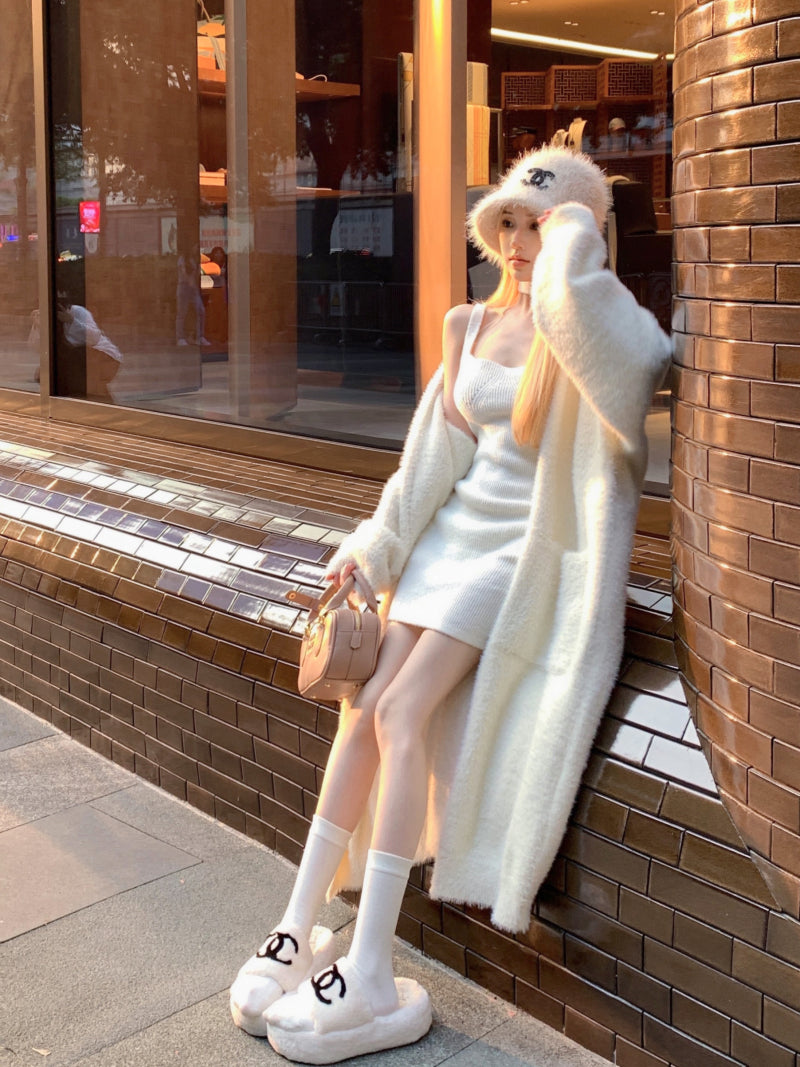 Fall Winter Knit Pure White Bodycon Strap Dress & Faux Mink Fur Long Coat Two Piece Set