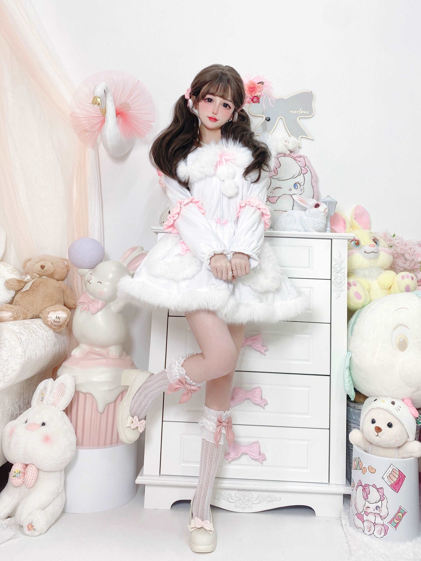 Candy Fairy Pink & White Pastel Princess Fur Plush Velvet Thick Jacket Coat Dress