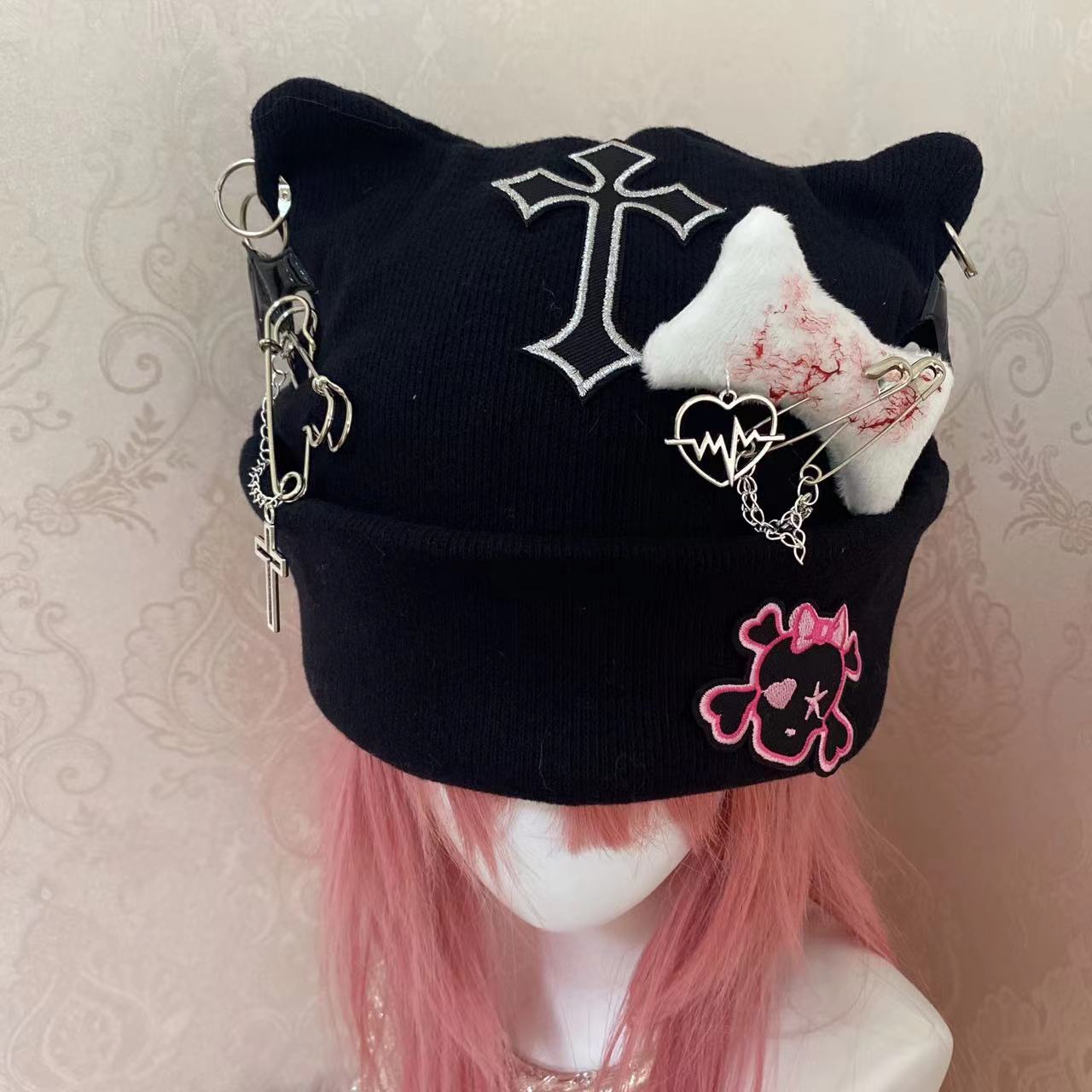 Y2K Goth Punk Handmade Knit Cross Skull Star Bone Cat Ears Winter Hats Beanie