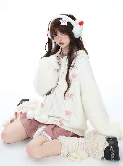 Crazy Girl Pom Pom White Bow Fuzzy Knit Autumn Winter Hoodie Sweater