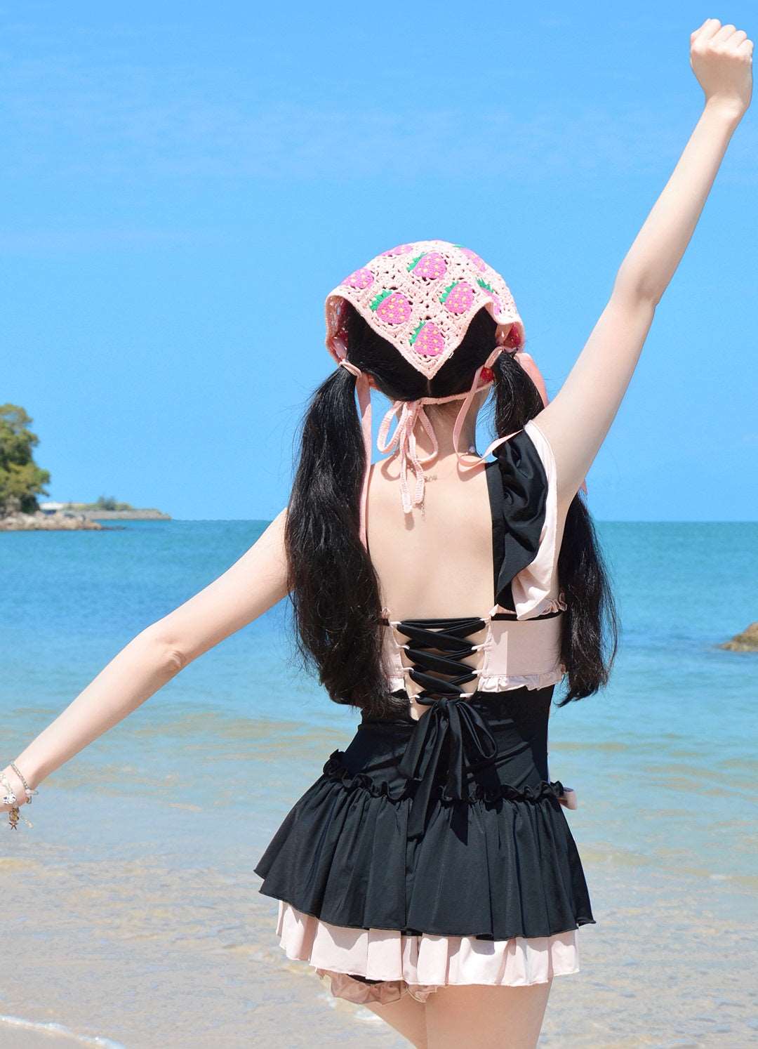 Cheese Peach Black Pink Onepiece Swimsuit