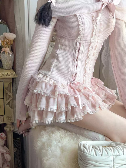 Sweet Fragrance Bonbon Pink Cream Sweater Top & Skirt Two Piece Set