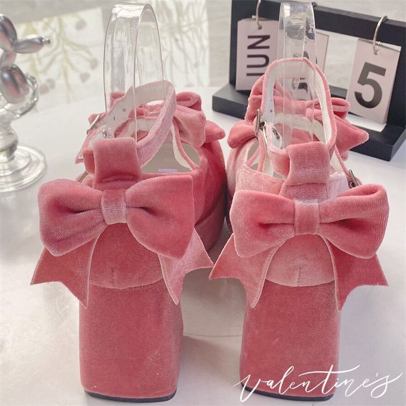 EGL Sweet Velvet Fairy Bow Mary Jane High Heels Shoes