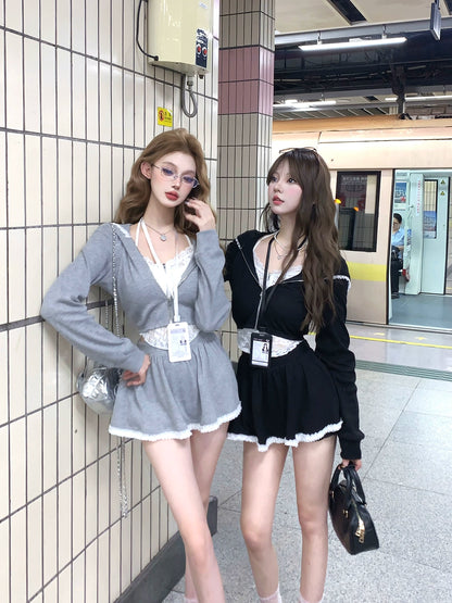 Kiki Idol Trainee Gray Black Hoodie & Skirt Two Piece Set