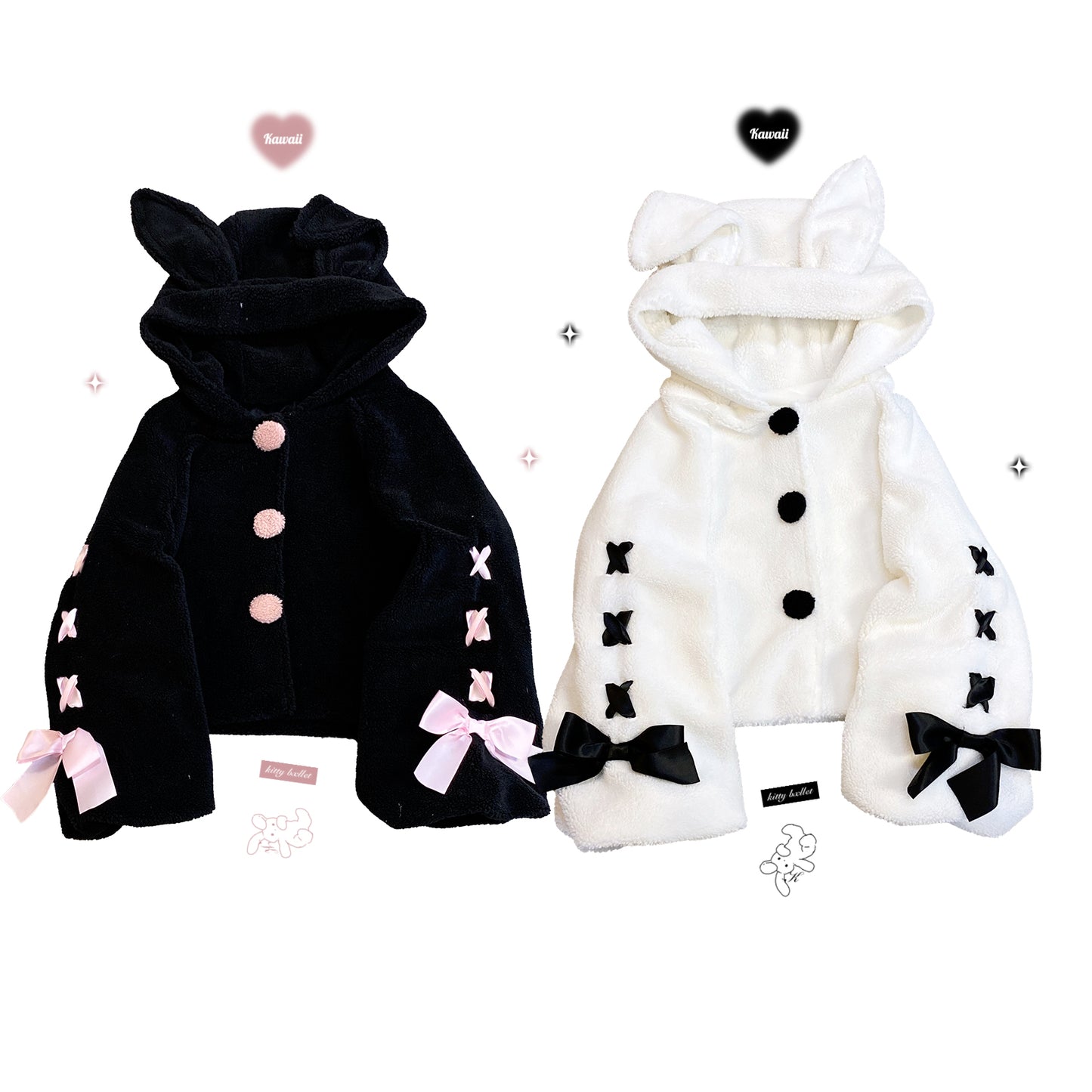 Kitten Bullet Wanted Rabbit Plush Rabbit Ear Button Lace-up Black & White Winter Jacket