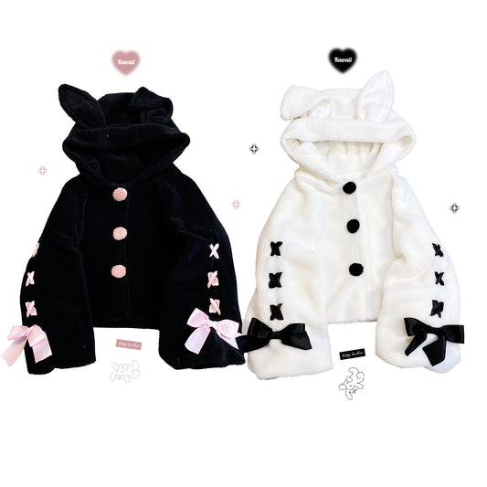 Kitten Bullet Wanted Rabbit Plush Rabbit Ear Button Lace-up Black & White Winter Jacket