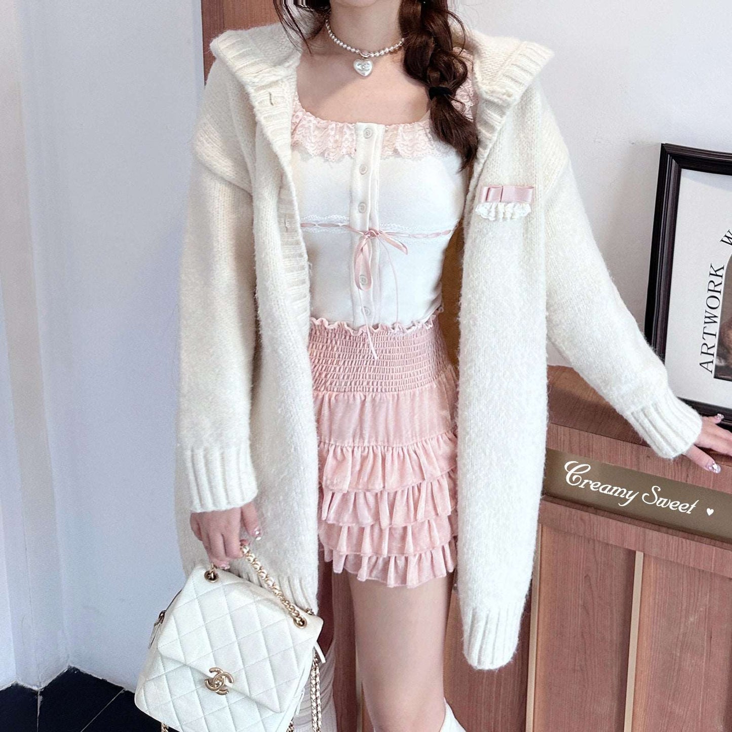 Creamy Sweet Coquette Lace U Neck White Shirt Pink Cake Skirt Two Piece Set