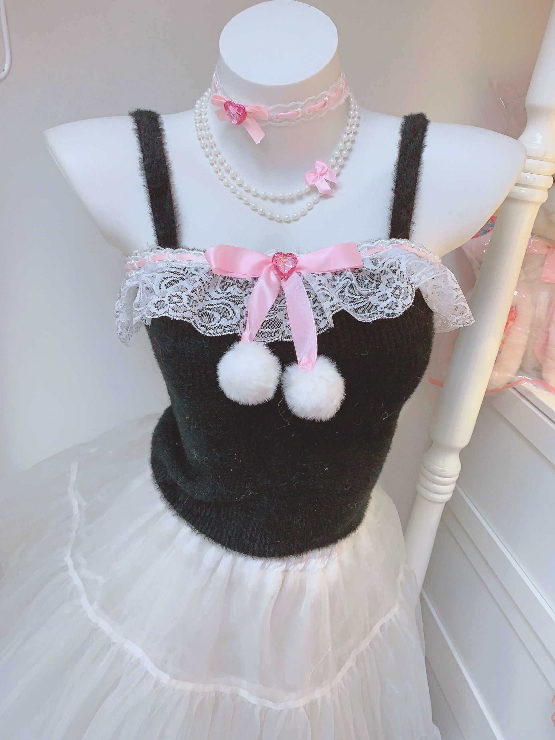 Candy Fairy Winter Sweet Knit Pink White Black Lace Pompom Balls Camisole Top