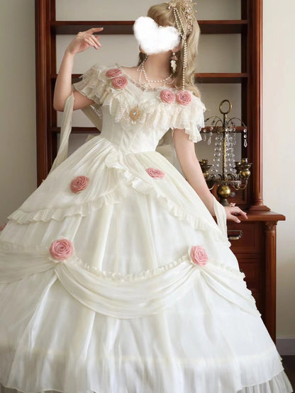 Meow Fruit Tana Estate Princess Ruffled Rose Layered Elegant Prom Dress