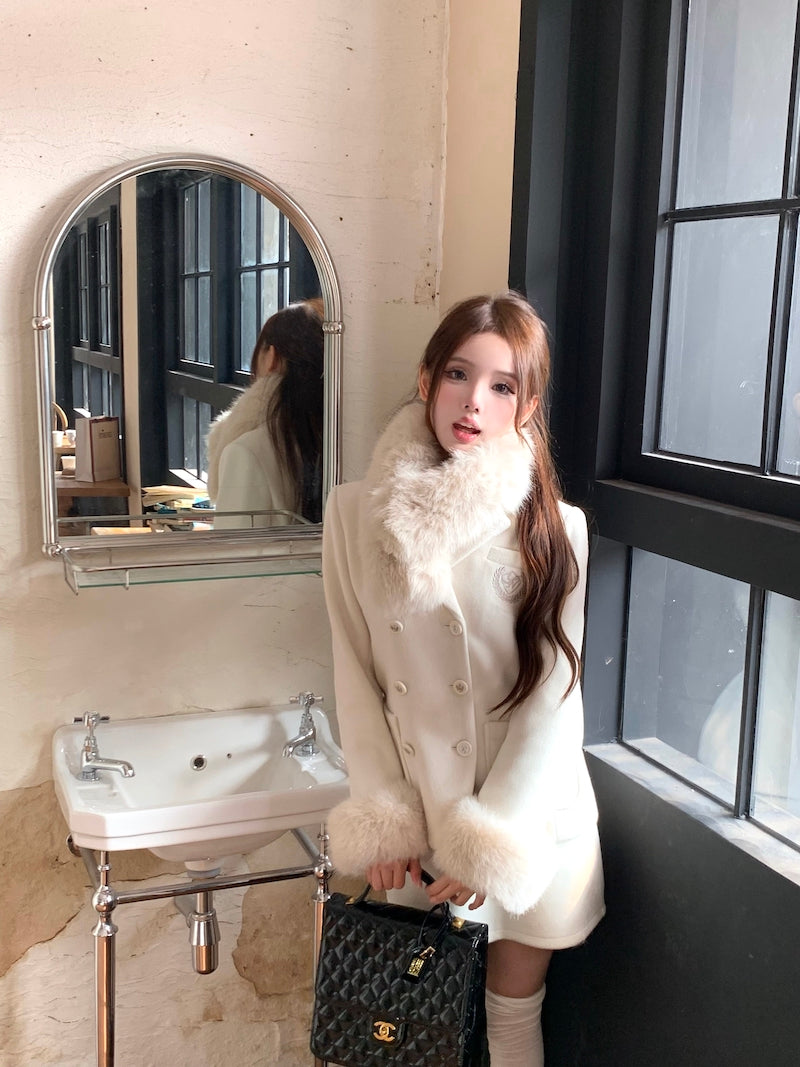 Monet Academia Chic Winter Milky White Fur Collar Woolen Jacket & Skirt Two Piece Set