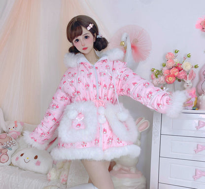 Candy Fairy Sweetie Melody Cartoon Pink Fur Plush Velvet Thick Puffer Jacket Coat