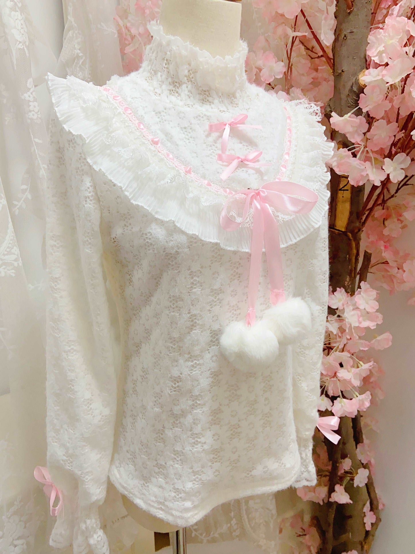 Candy Fairy Winter Turtle Neck White Doll Collar Pink Ruffled Long Sleeve Blouse Shirt