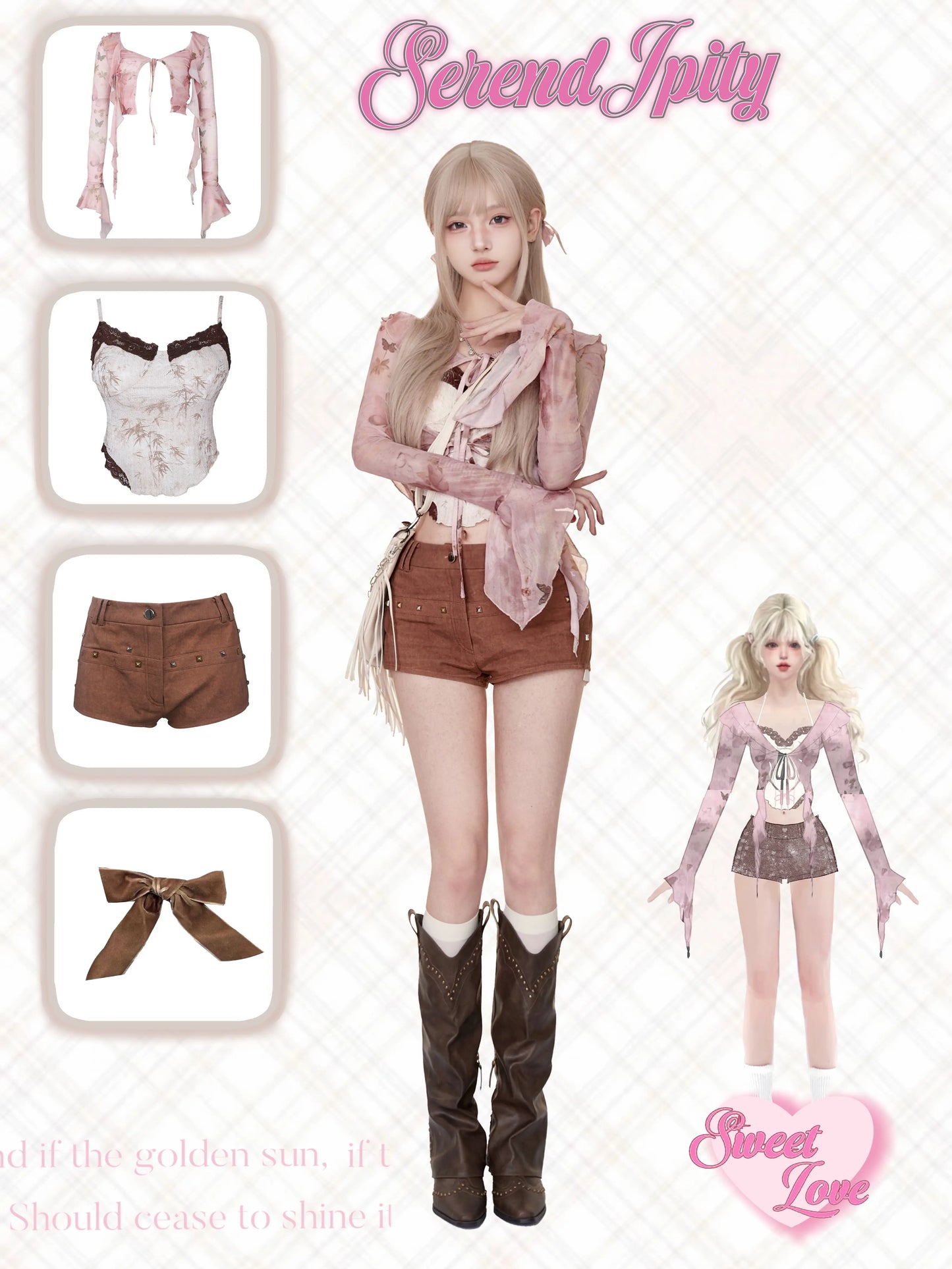 Serendipity Broken Butterfly Pink Cardigan & Camisole & Brown Shorts Three Piece Set