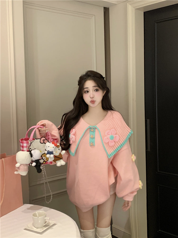 3D Flower Doll Collar Spring Autumn Pink Knit Sweater