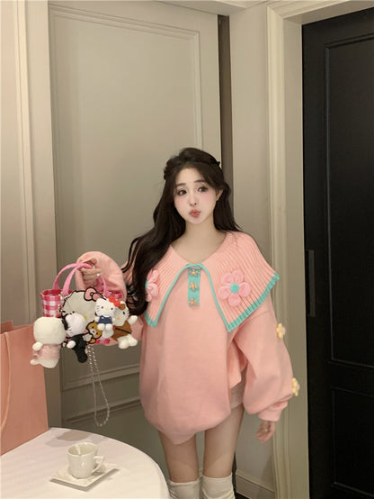 3D Flower Doll Collar Spring Autumn Pink Knit Sweater