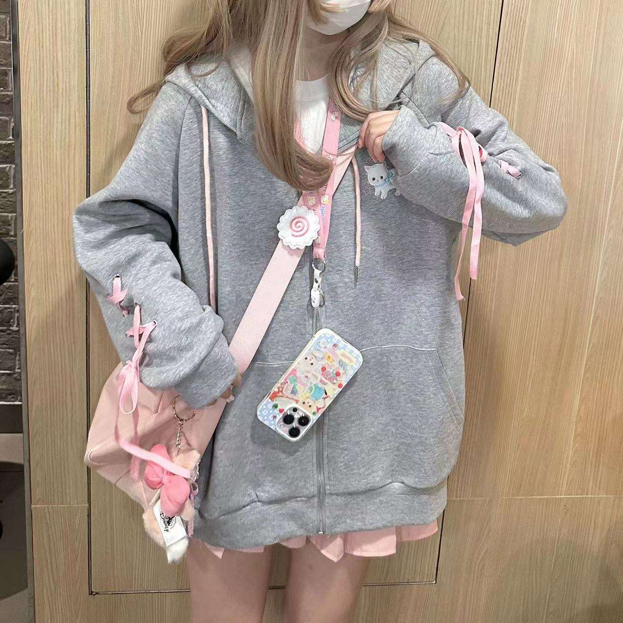 Cute Gray Cat Ears Y2K Coquette Ribbon Hoodie Jacket