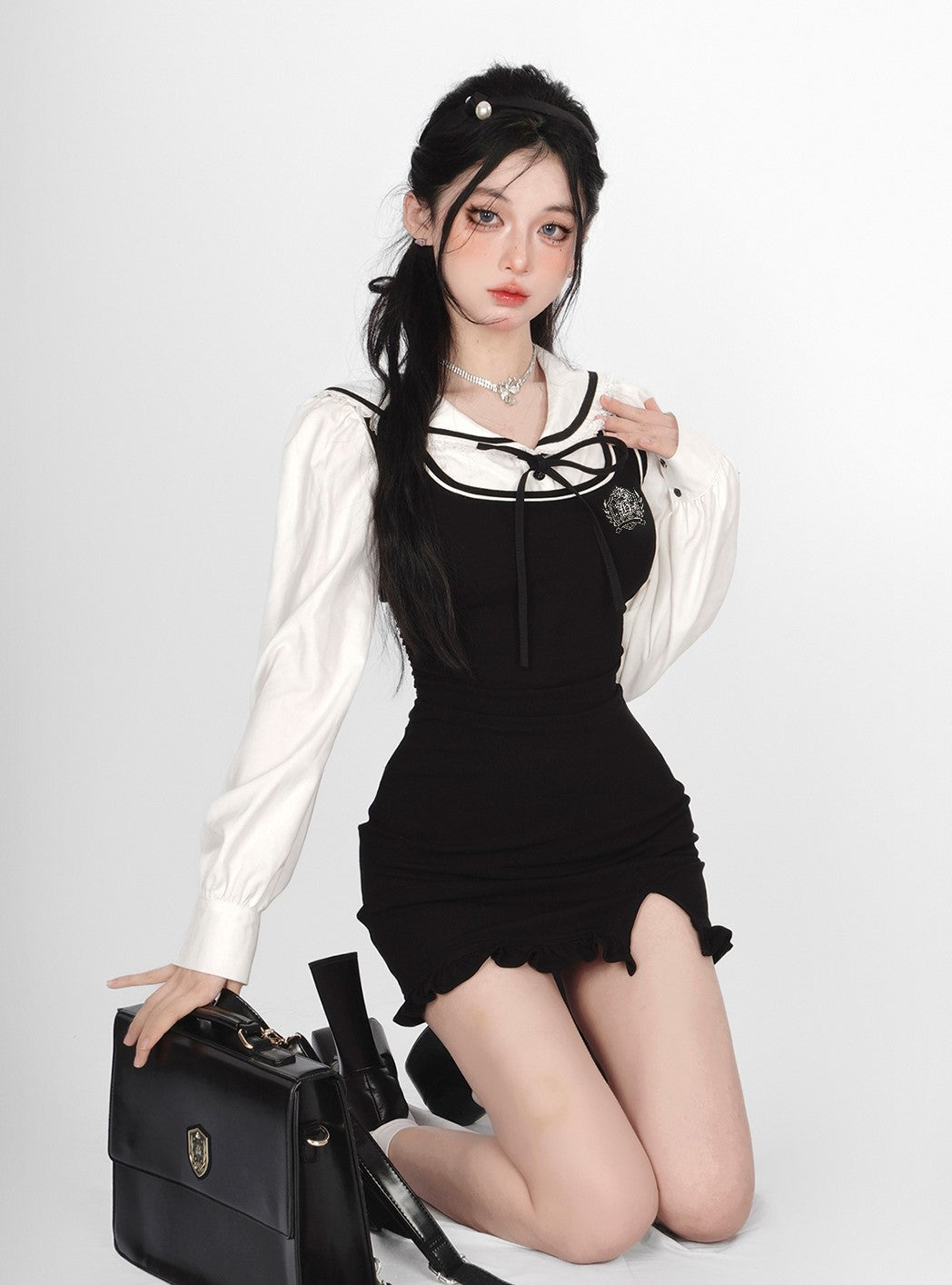 Young Eyes First Love Diary White Sailor Collar Shirt & Black Suspender Dress Two Piece Set