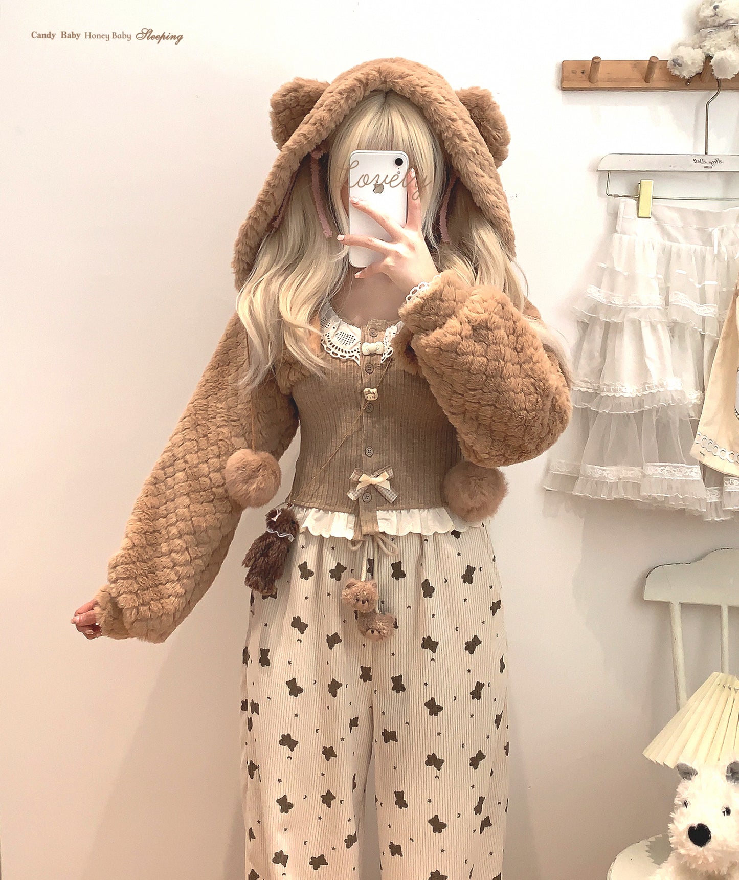 Dormir Doll Winter Pink Rabbit Ears & Brown Bear Ears Hoodie Short Jacket