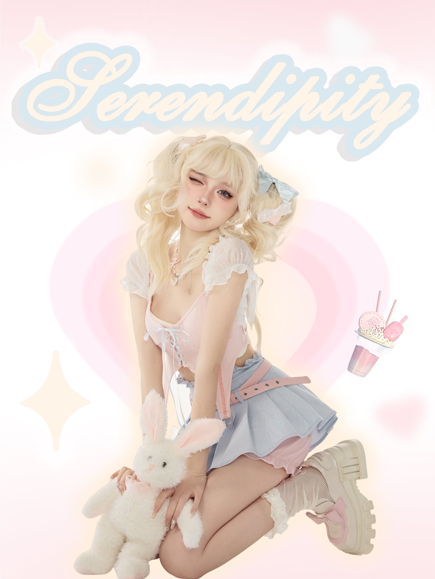 Serendipity Coquette White Sheer Little Cardigan & Pink Sexy Strap Camisole & Blue Pleated Mini Skirt Three Piece Set