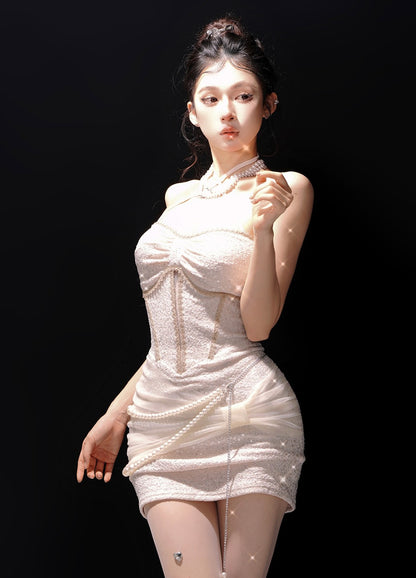 Young Eyes Goddess Tube Halter Neck White Strapless Bodycon Dress