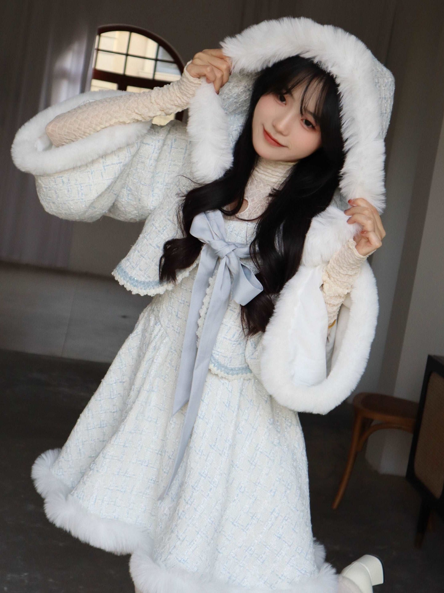 Blue Angel Winter Plush Strap White Dress & Little Hooded Fur Jacket Cape Two Piece Set