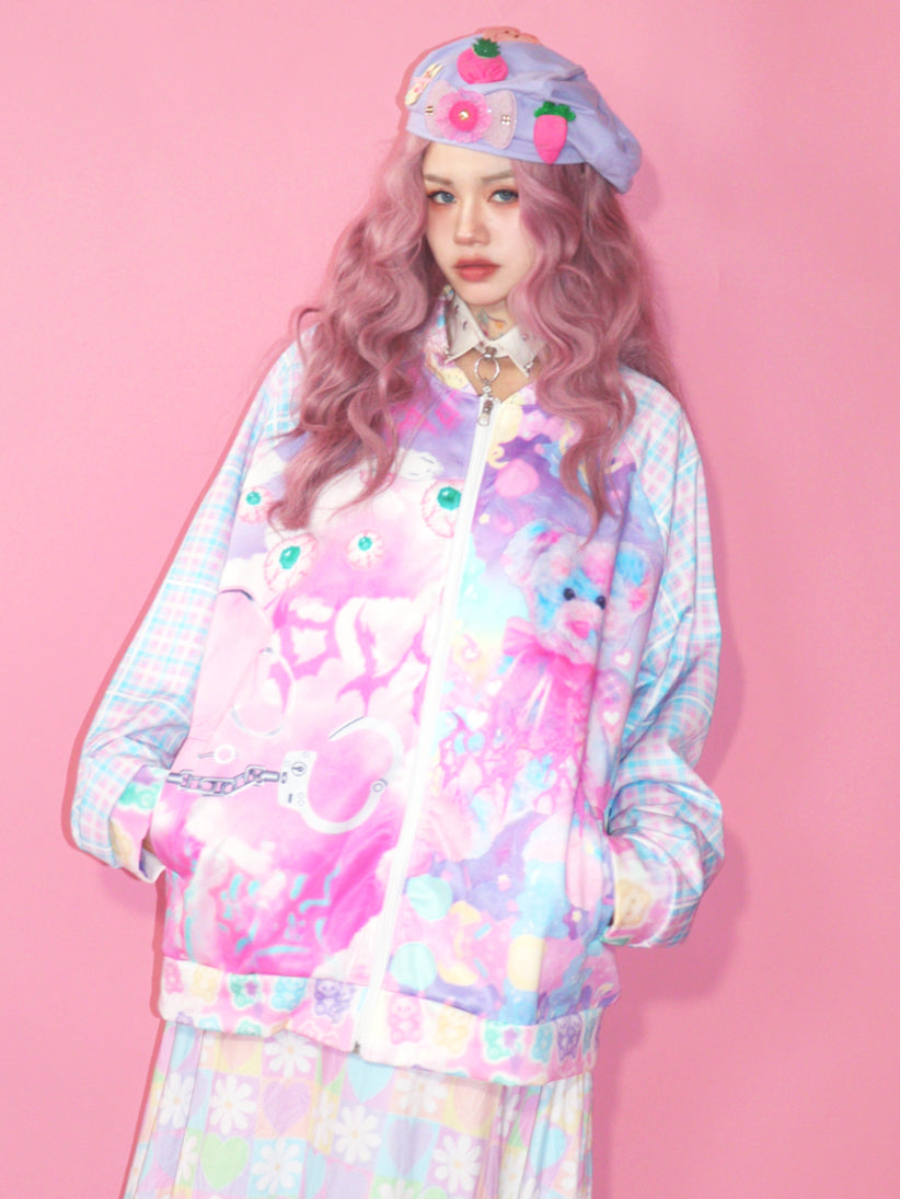 Y2K Bear Rainbow Retro Style Cute Baseball Zipper Jacket