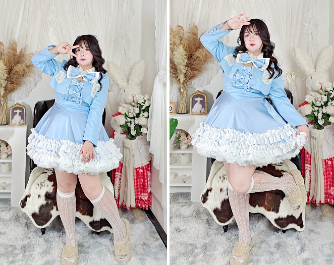 Plus Size Glacier Blue EGL Winter Ruffled Strap Dress & Tweed Jacket Two Piece Set