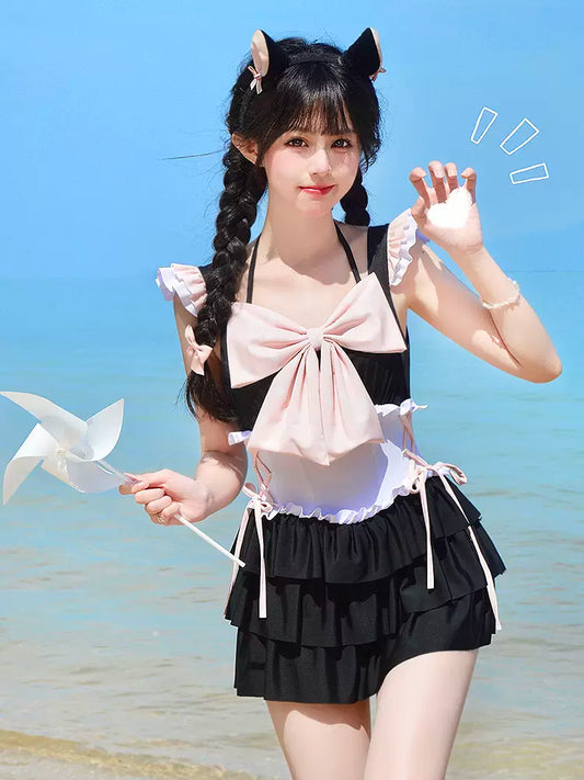 Sweetheart Bubble Black Pink Bow Onepiece Swimsuit