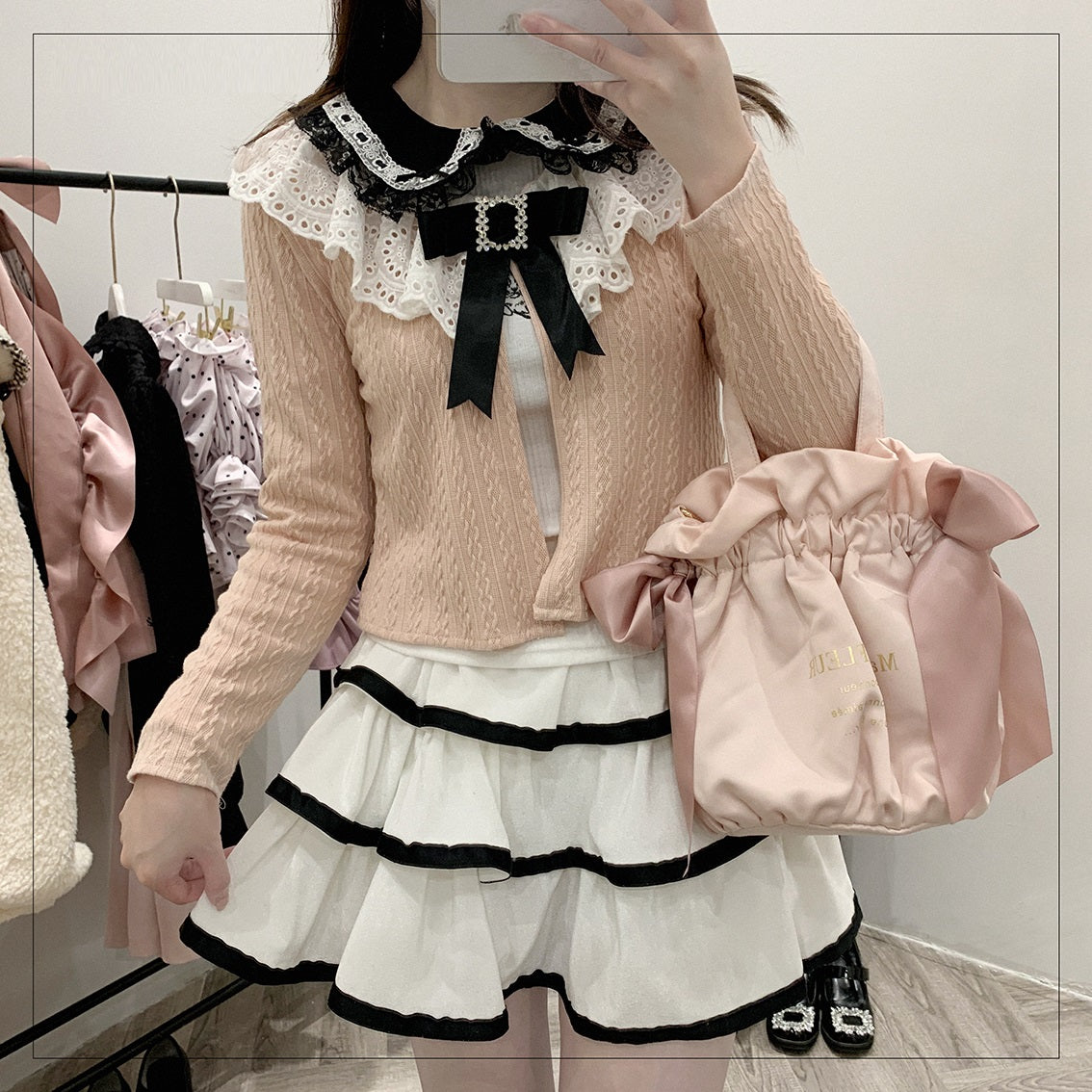 Kitten Bullet Panic Syndrome Lace Collar Pink Black Gray Knit Shirt Cardigan