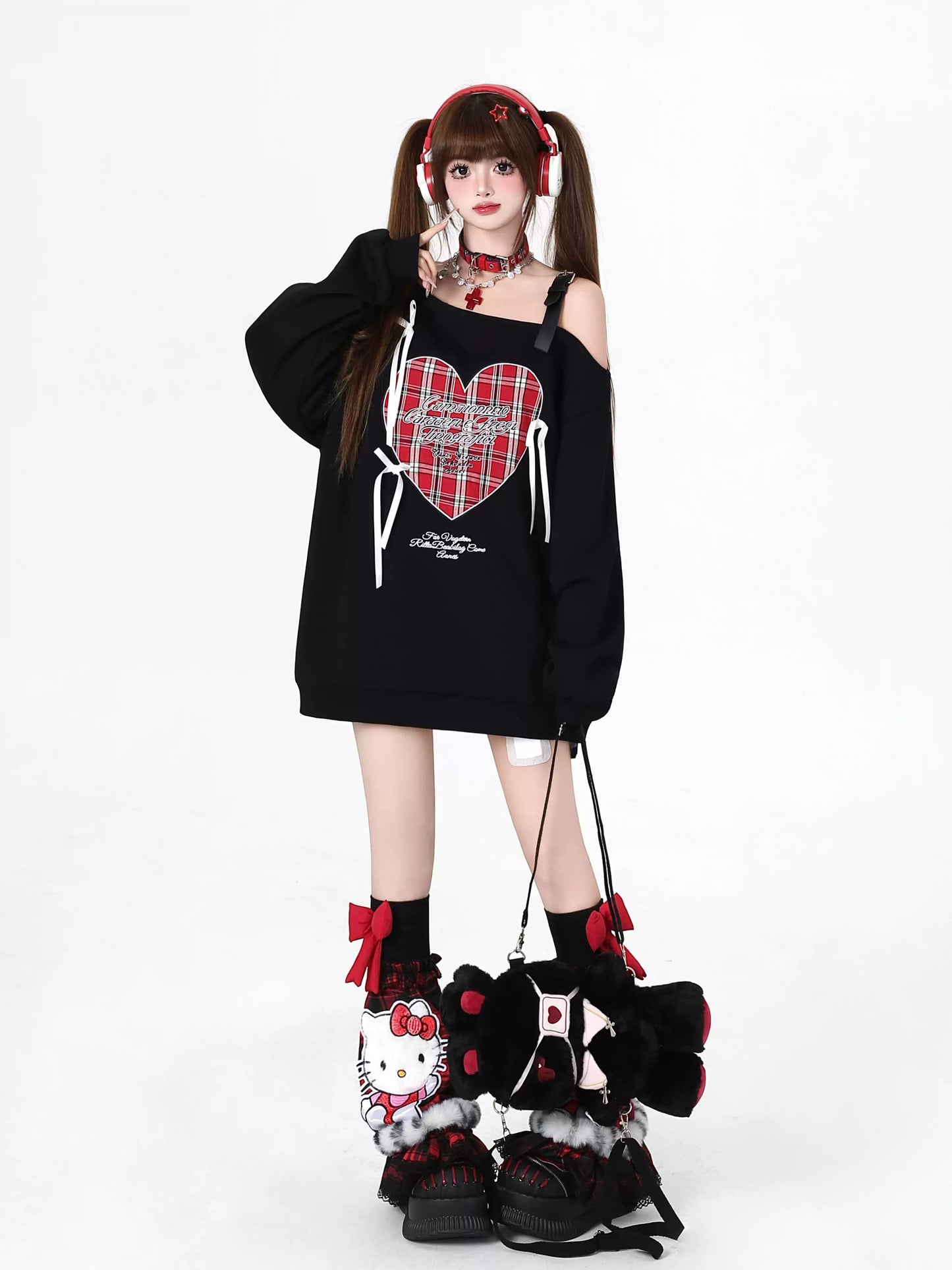 Crazy Girl Heart Plaid Black White Red Off Shoulder Sweater