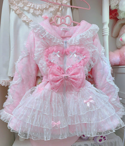 Candy Fairy Sparkling Pink Princess Bow Ruffled Thick Winter Coat Dress