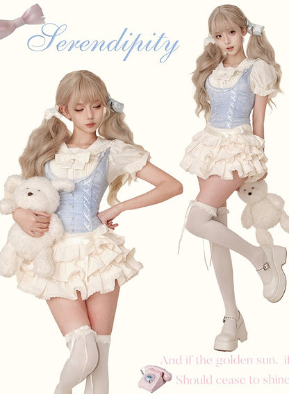 Serendipity Graven College Lace White Shirt & Blue Vest & Ruffle Skirt Three Piece Set